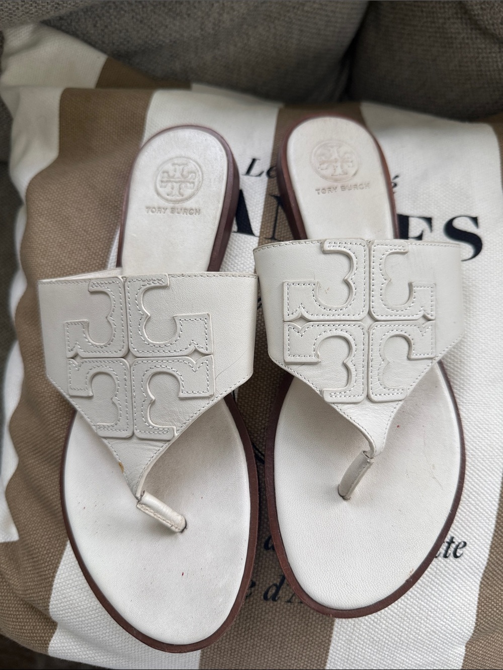 Tory Burch Cream Leather Logo Thong Sandals